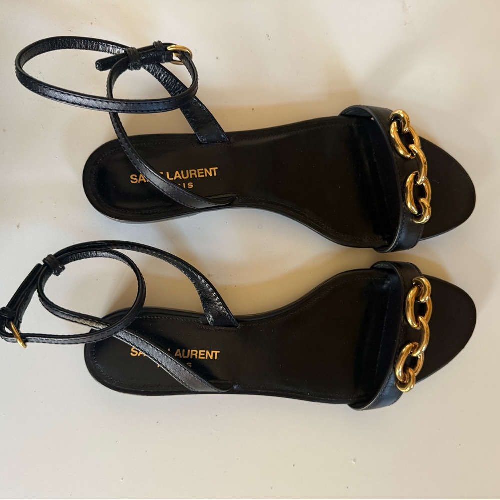 Saint Laurent Black Sandals with Gold Accents